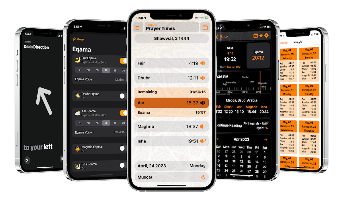 Athan app screenshots side by side